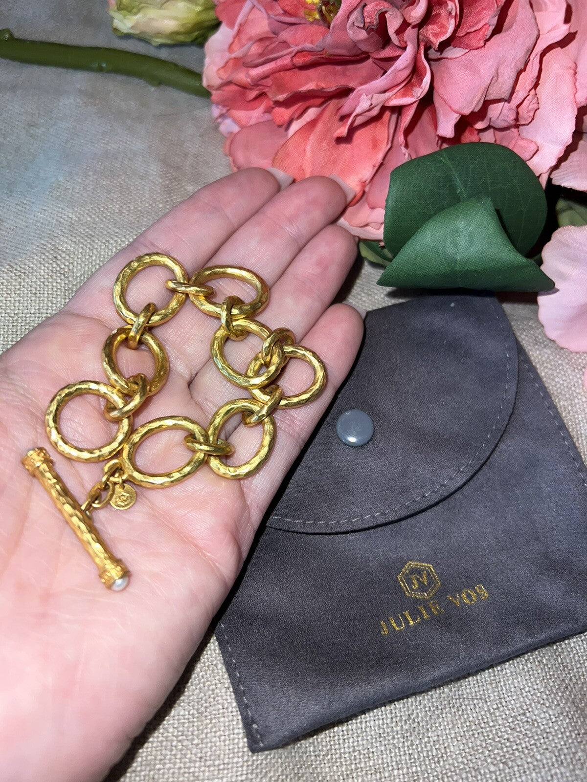 Julie Vos 24k Gold Plated Toggle Chain Link Bracelet PEARL END CAPS Julie Vos