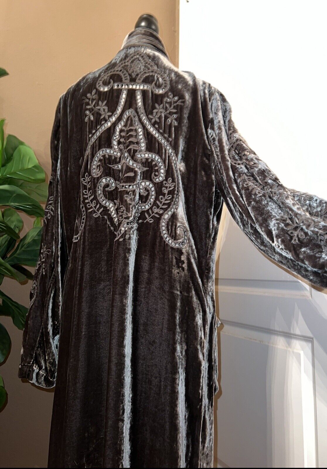 Johnny Was Grey Velvet Long Kimono Duster Wrap M Medium Eyelet Lace