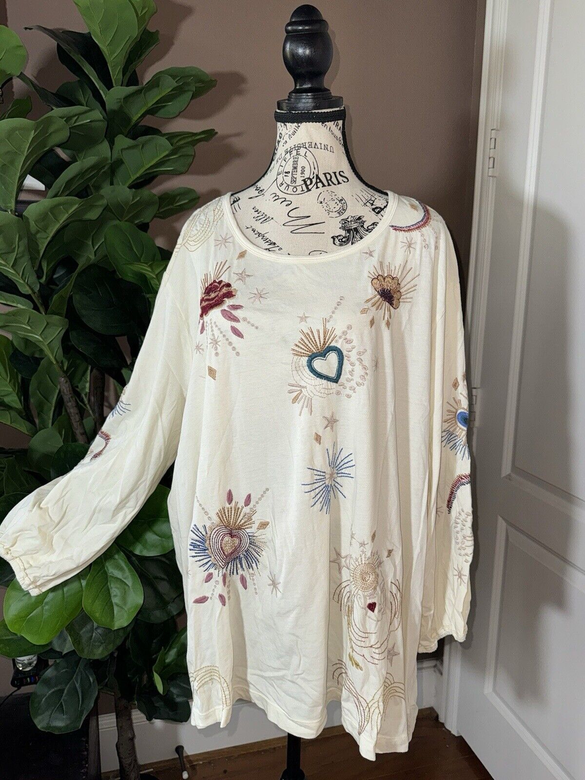 Johnny Was 3x Cream Peasant Tunic Top Cute Embroidery Kimono Sleeves