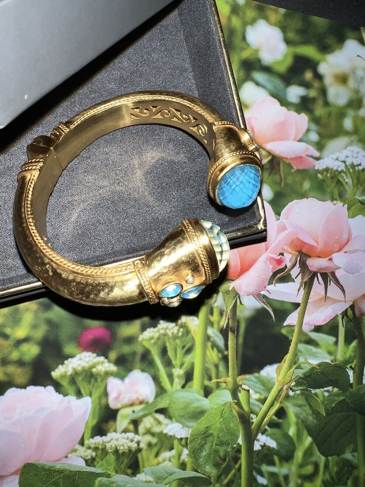 NEW Julie Vos Large Iridescent Blue Hinged Bangle Cuff Bracelet 24k Gold Plate