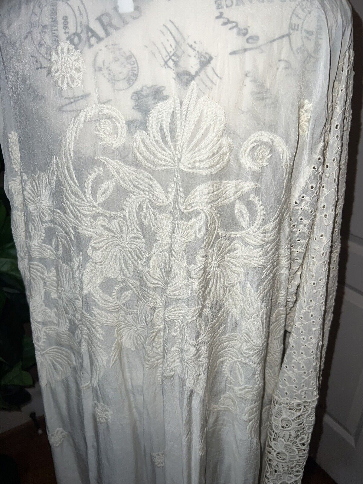 Johnny Was Ivory Silky Embroidery & Lace Kimono Beach Wedding Wrap XL OVERSIZED