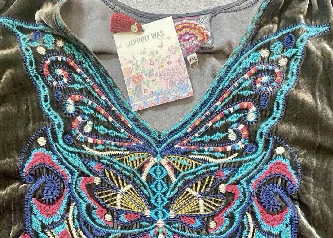 Johnny Was XXL 2X Grey Velvet Butterfly Tunic Top Mini Dress Embroidered