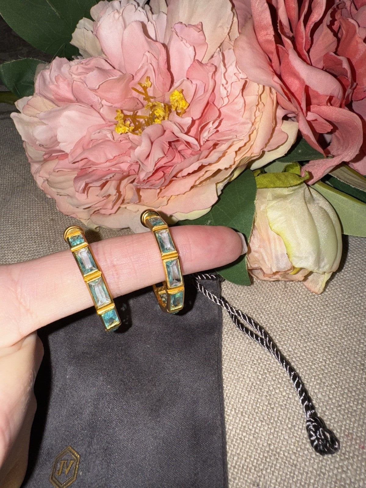 Julie Vos Baguette Clear Blue & 24k Gold Plated Hoop  Earrings 1.25” Julie Vos