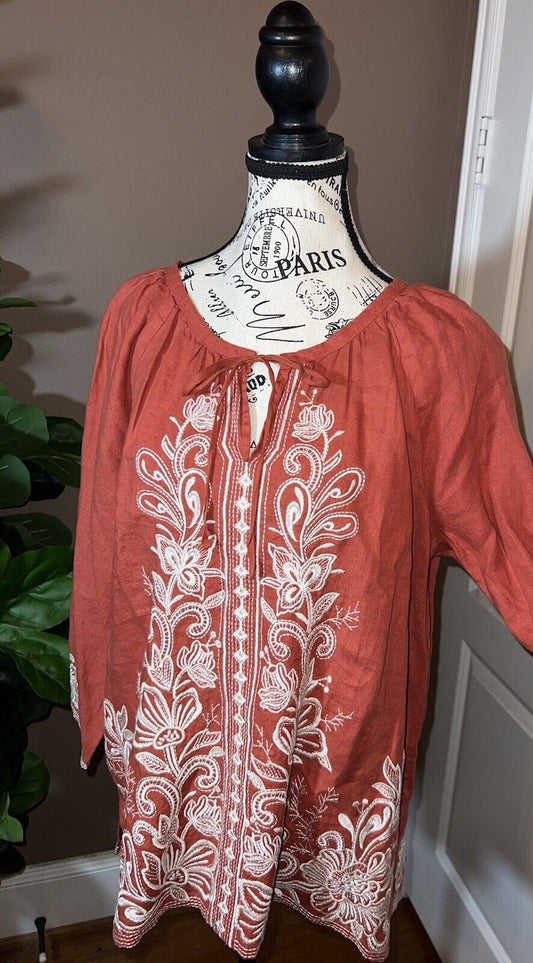 Johnny Was L Large Linen Kimono Sleeve Peasant Top Floral Embroidered