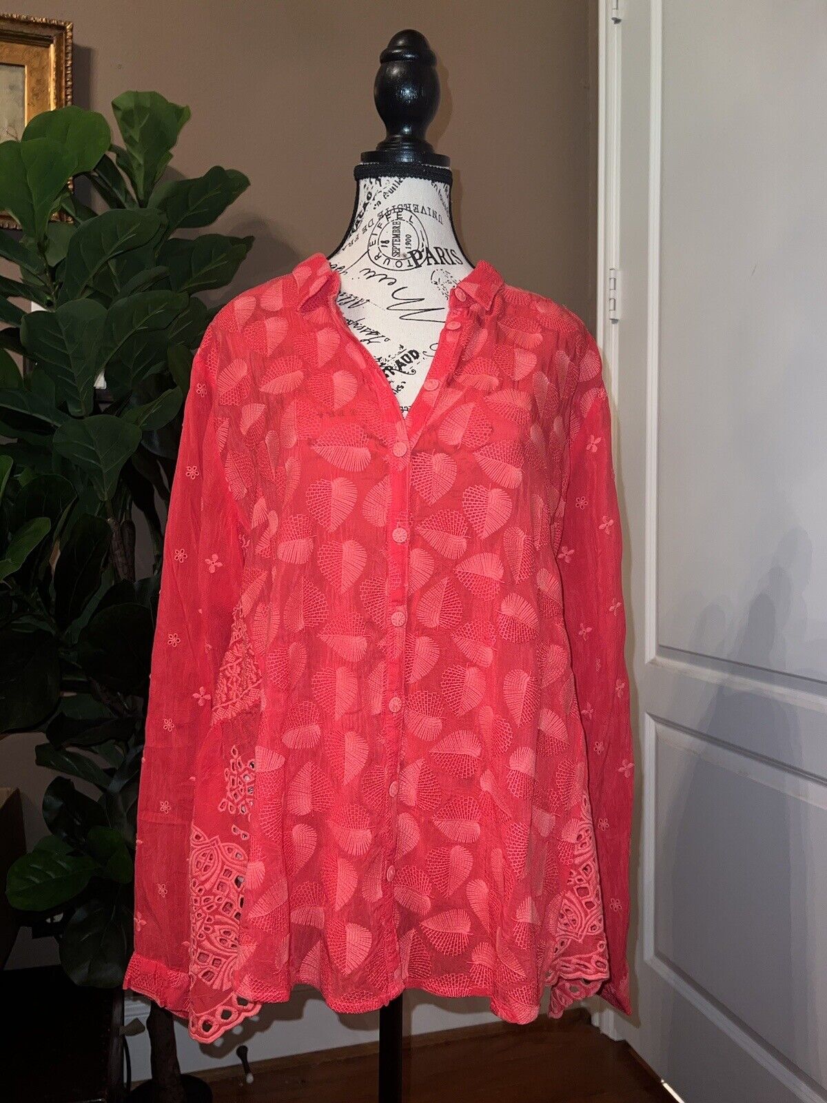 Johnny Was Sz XL Silky Coral Red Tunic Top Eyelet Embroidery