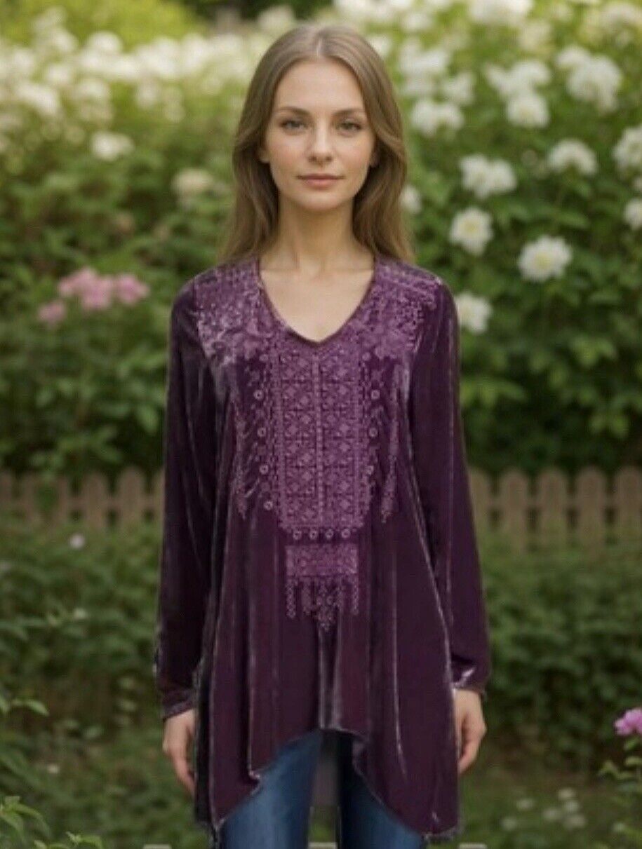 Johnny Was XL 1X Purple Plum Velvet Tunic Top Mini Dress Tonal Embroidery