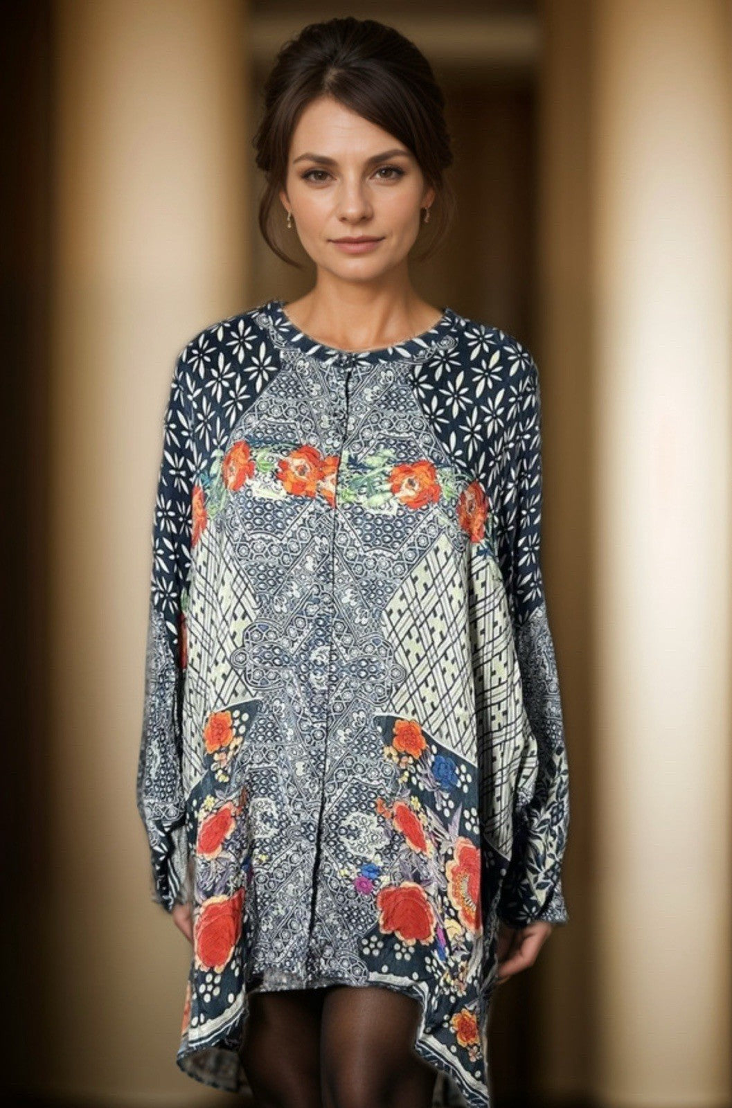 Johnny Was XXL Silky Top Long Sleeve Blouse Button Up Lightweight Floral Tunic Johnny Was