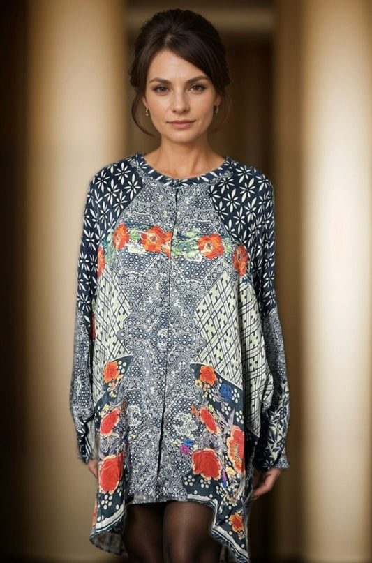 Johnny Was XXL Silky Top Long Sleeve Blouse Button Up Lightweight Floral Tunic Johnny Was