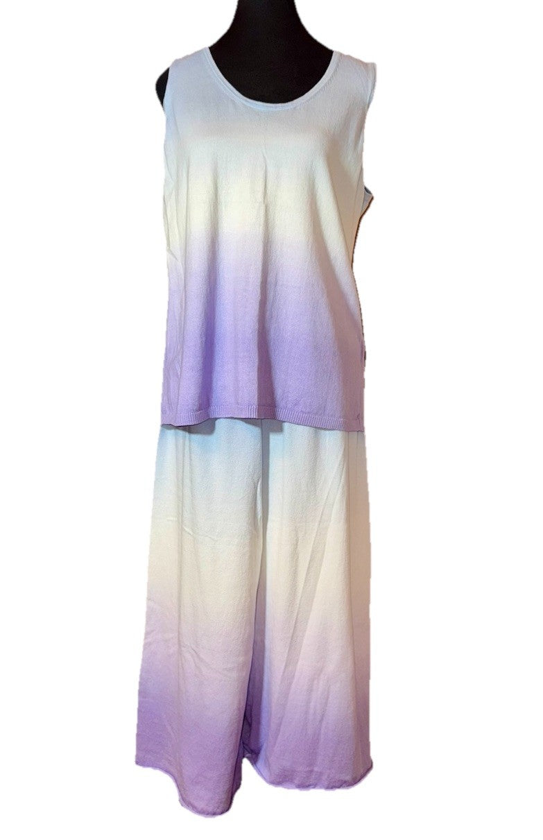 Johnny Was 3pc Set L Large Purple Whit Blue Dip Dye Kimono Tank & Wide Leg Pants Johnny Was