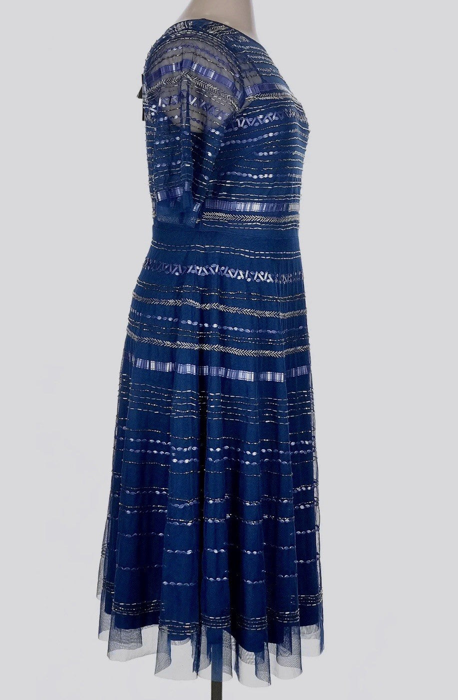 Johnny Was Sz 14 Blue Beaded Mesh Cocktail Party Dress $625 Retail Blk Label Johnny Was