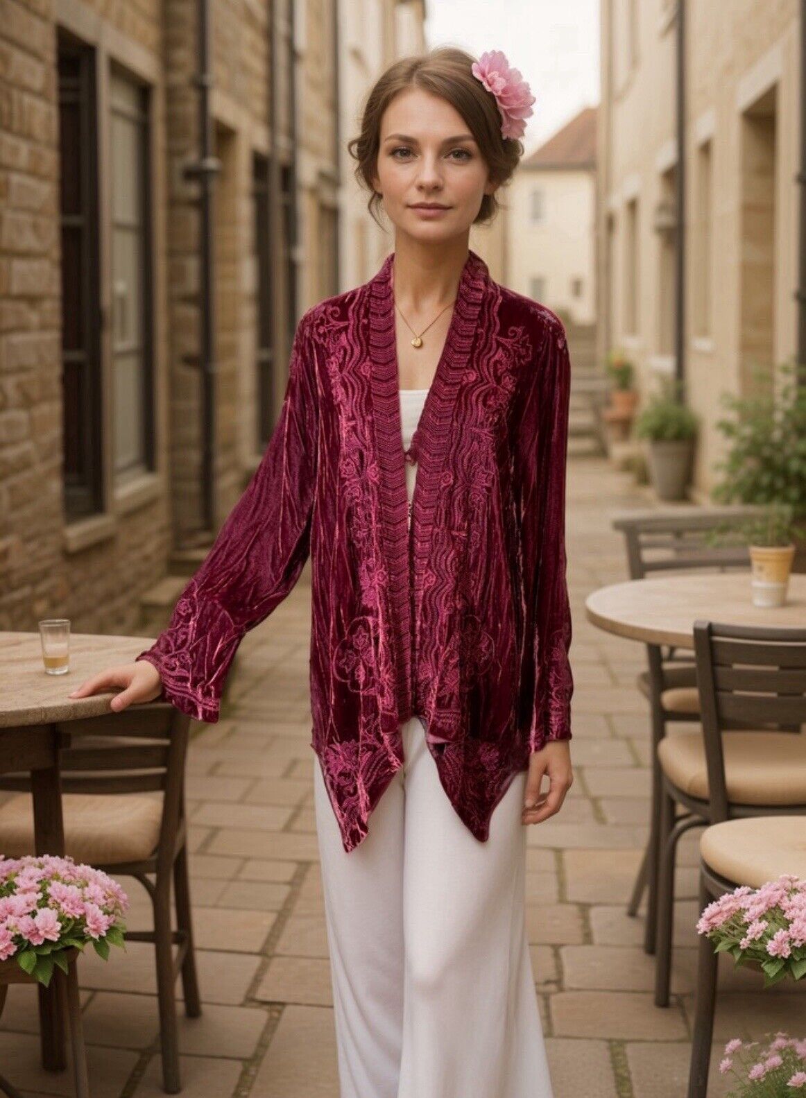 Johnny Was L Deep Wine Red Velvet Kimono Wrap Cardigan Tonal Embroidery