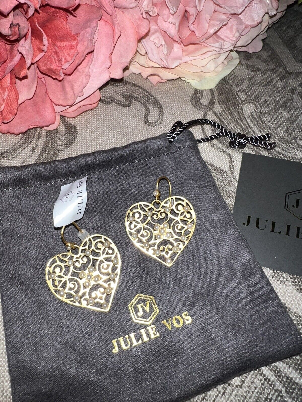 Julie Vos New Pearl Embellished Heart Earrings 24k Gold Plate