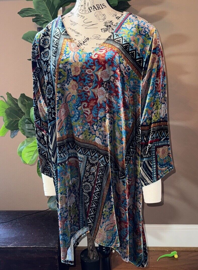 Johnny Was XXL 2X 2XL Velvet Tunic Top Mini Shift Dress Shirt Jewel Tones