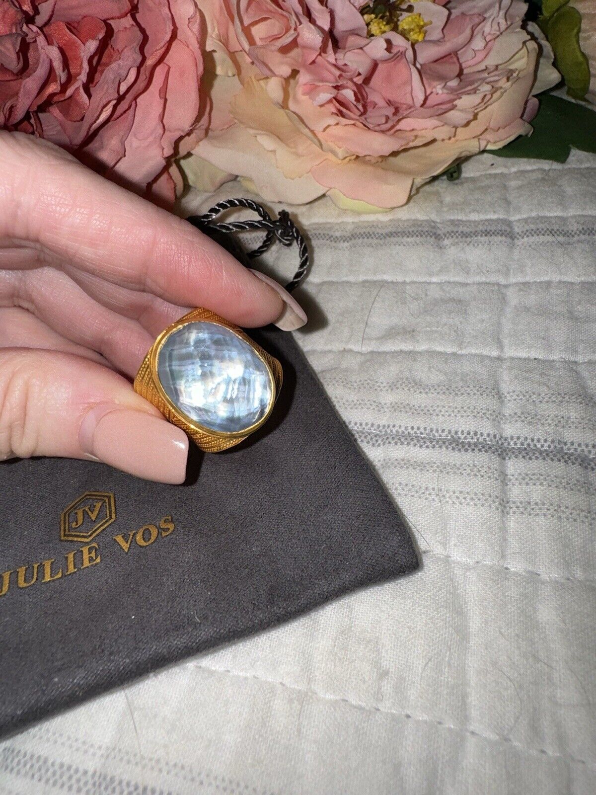 Julie Vos Ring Iridescent Soft Blue & 24k Gold Plate Sz 9 ADJUSTABLE