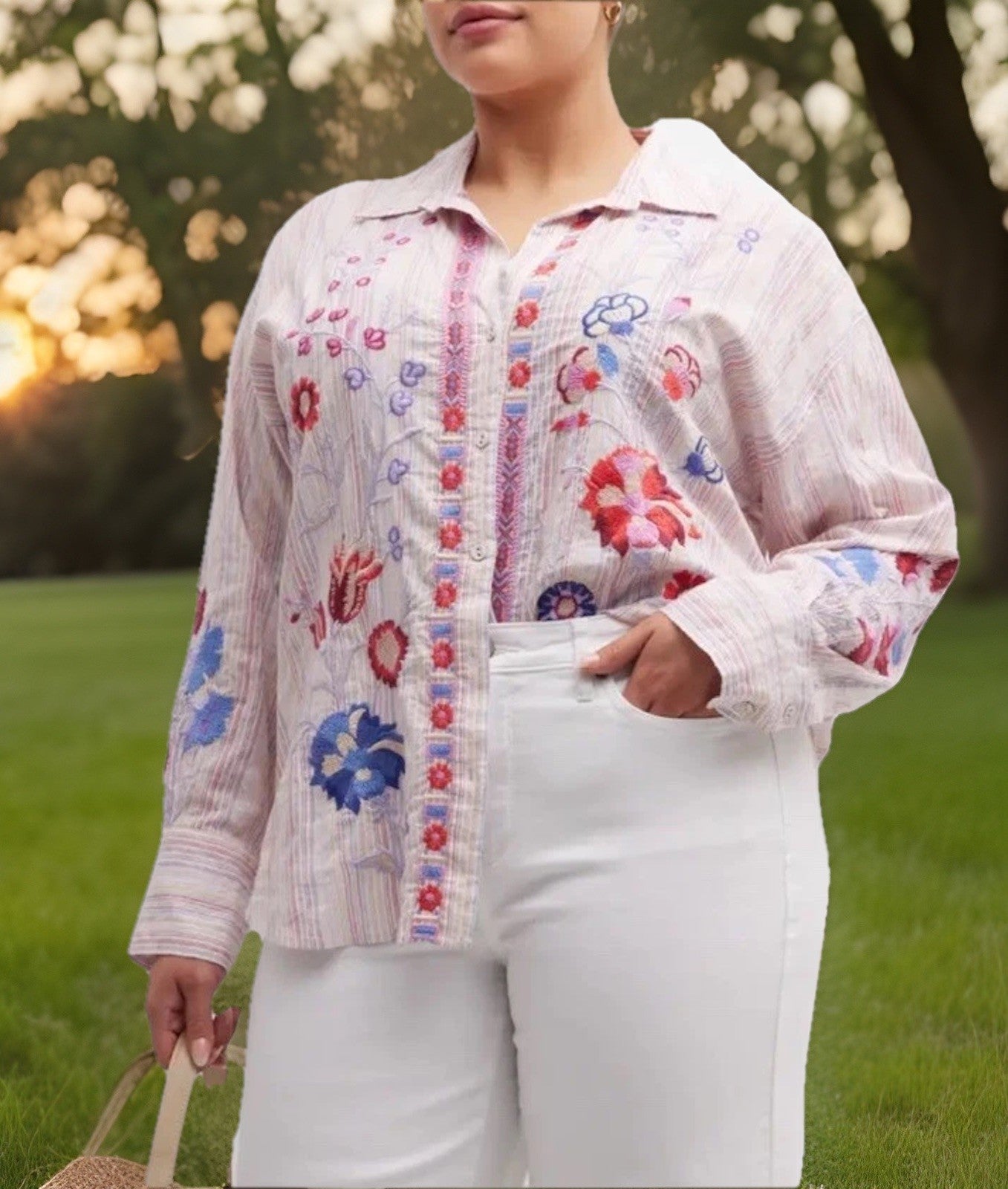 Johnny Was 3x Plus White Pink Button Up Blouse Tunic Top Shirt Lightweight Cool Johnny Was