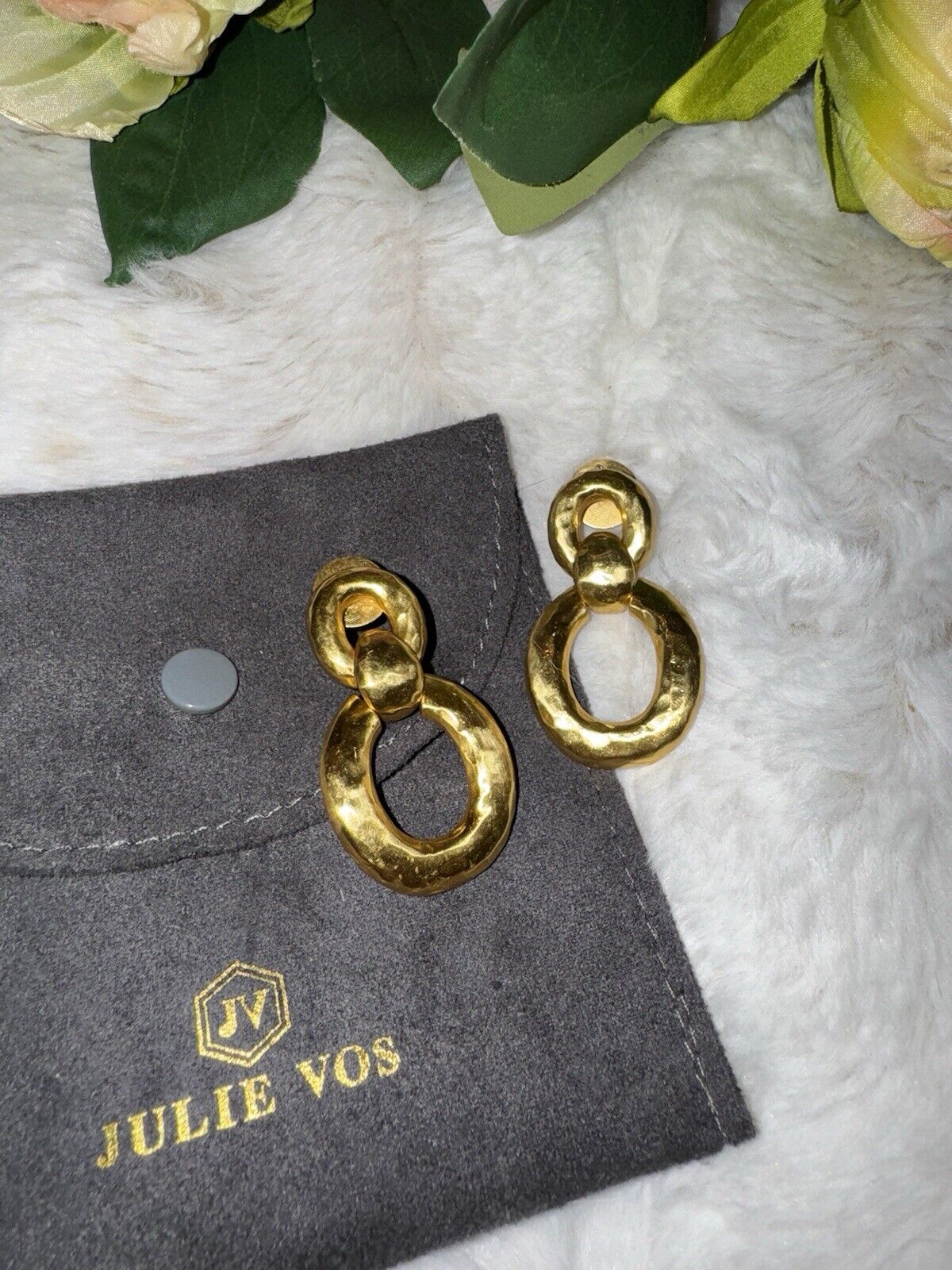 RETIRED Julie Vos 24k Gold Plated Hoop Door Knocker Stud Earrings  Stunning