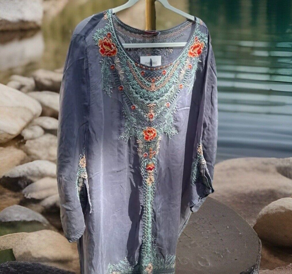 Johnny Was 3x 3XL Tunic Top Slate Blue Silky Handkerchief Hem Peasant Blouse