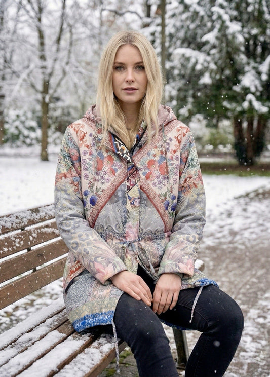 Johnny Was L Large Faux Fur Lined Coat Jacket Wrap Drawstring Waist Hood New Johnny Was