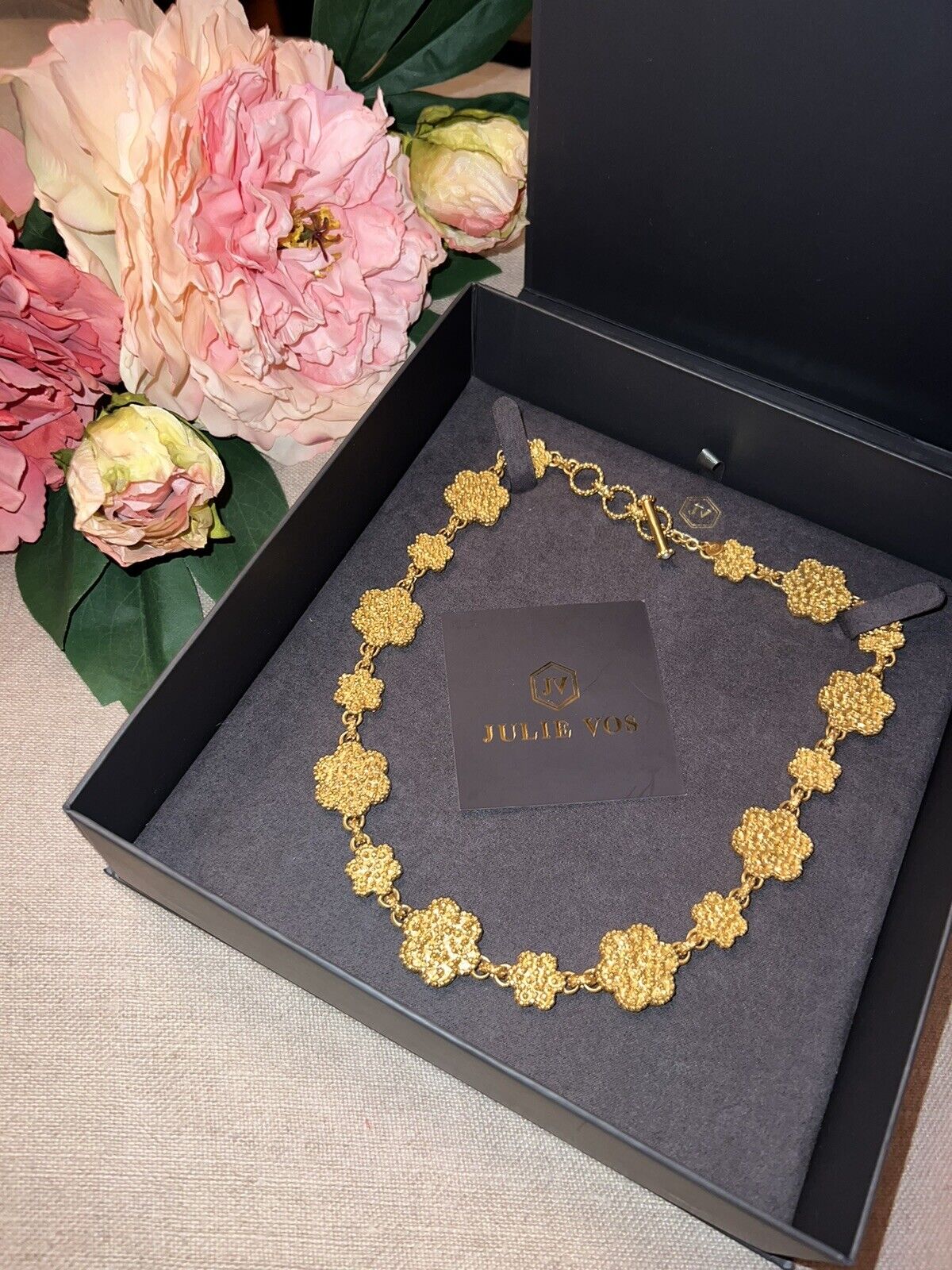 Julie Vos Flower Statement Necklace Toggle Link 24k Gold Plated Chain