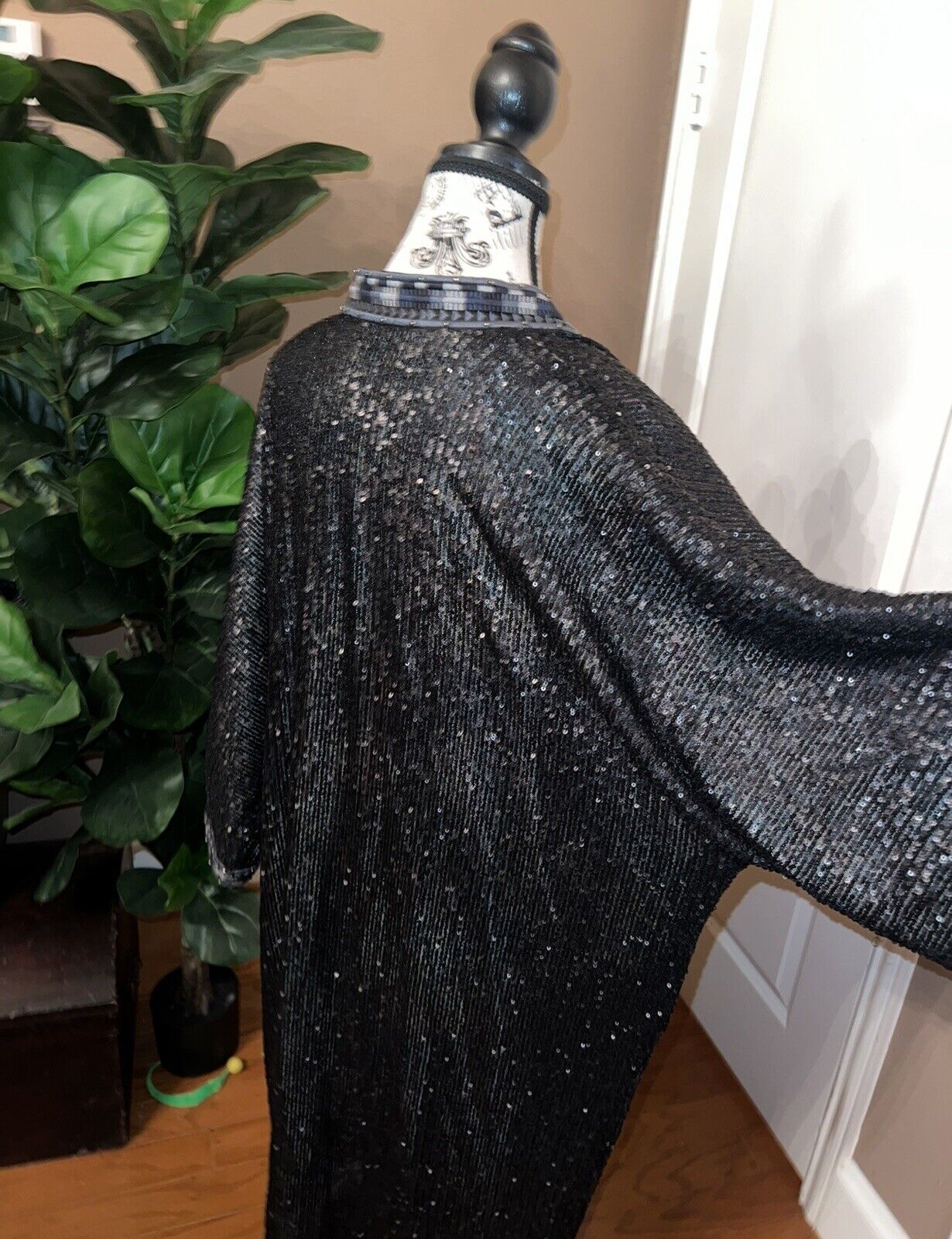 Johnny Was Large Long Silk & Sequin Black KIMONO Duster Wrap REVERSIBLE