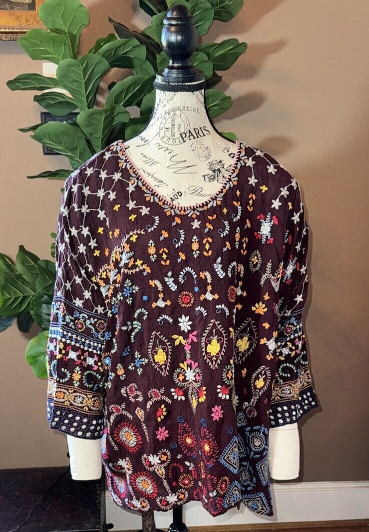 Johnny Was 3x 3XL Tunic Top Maroon Wine Silky Shirt Peasant Blouse Embroidered