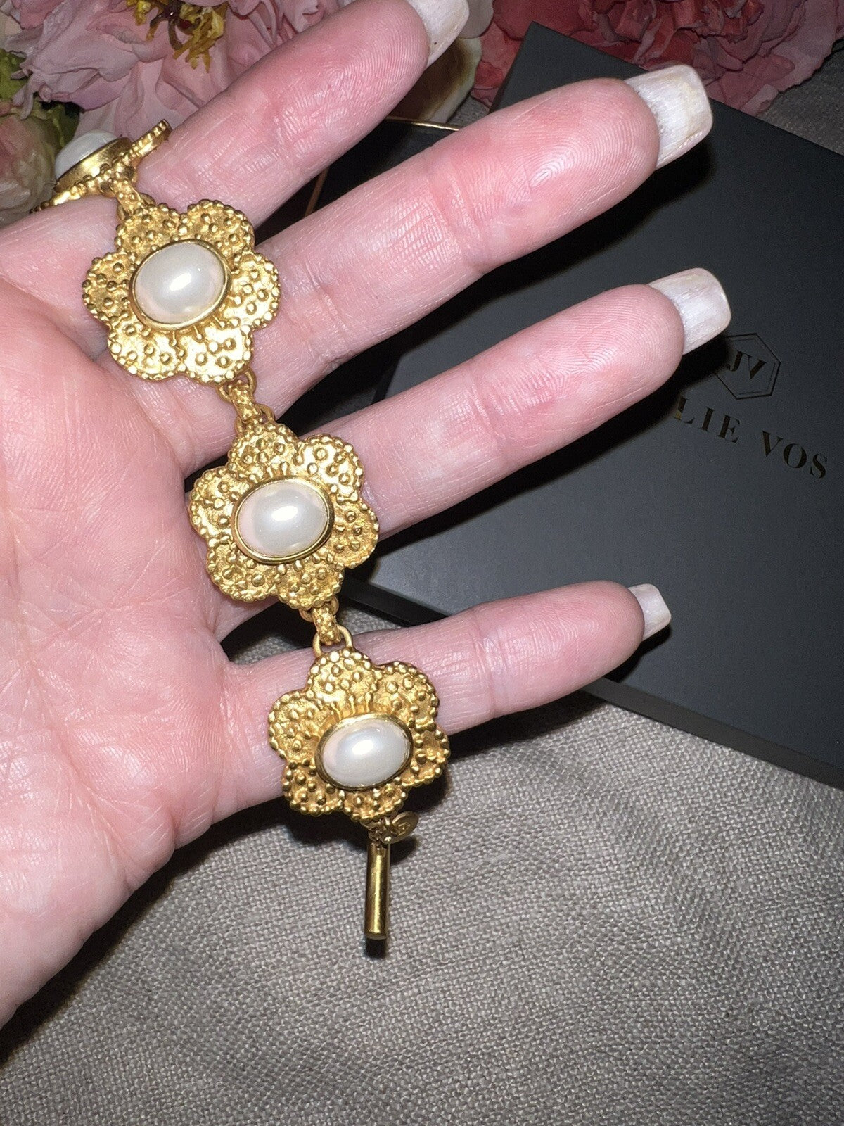 Julie Vos Pearl Colette Flower Link Toggle Bracelet 24K Gold Plated Julie Vos