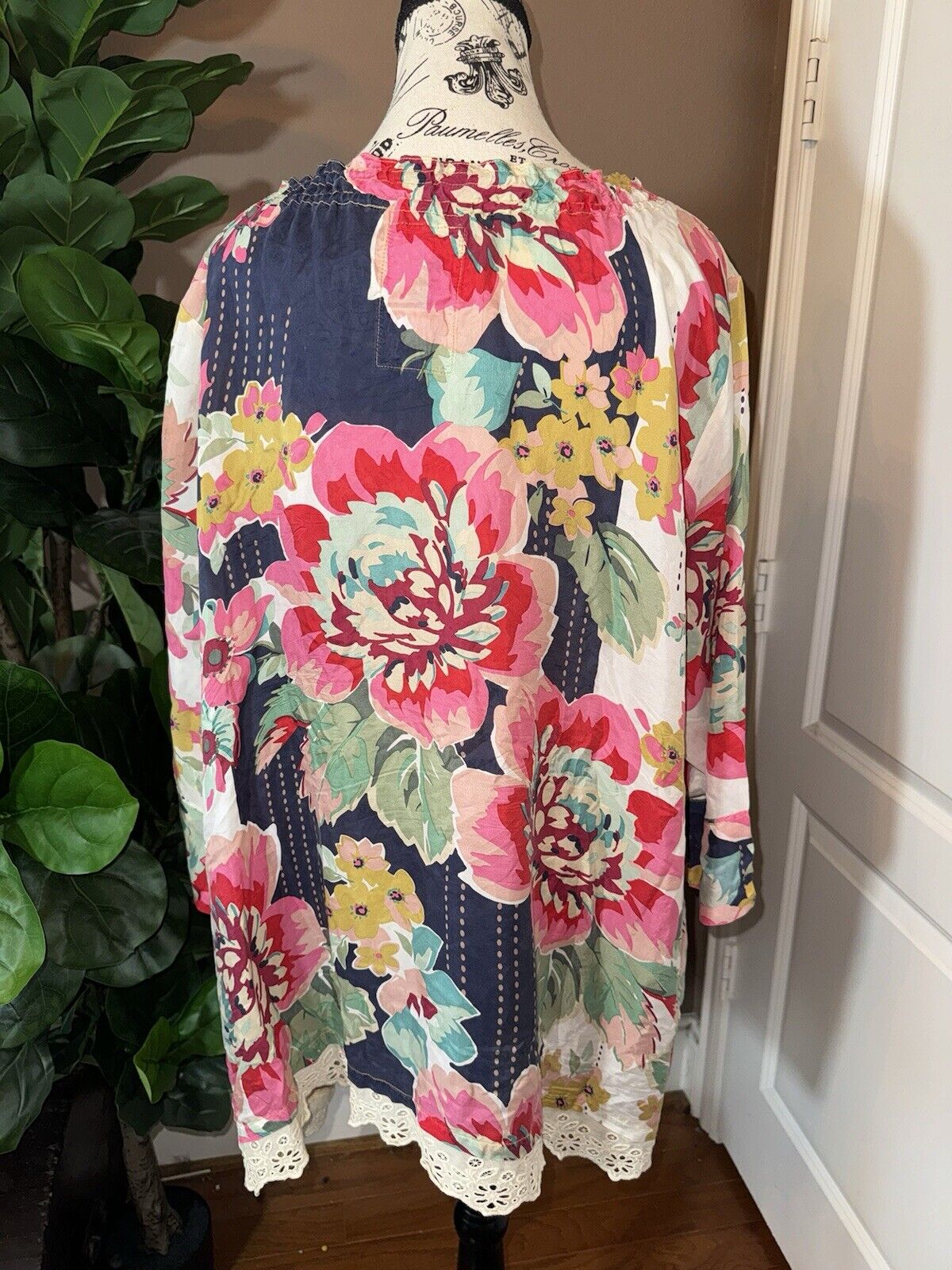 Johnny Was 3X 3XL 100% Silk Tunic Top Kimono Blue & Pink Floral Peasant RARE