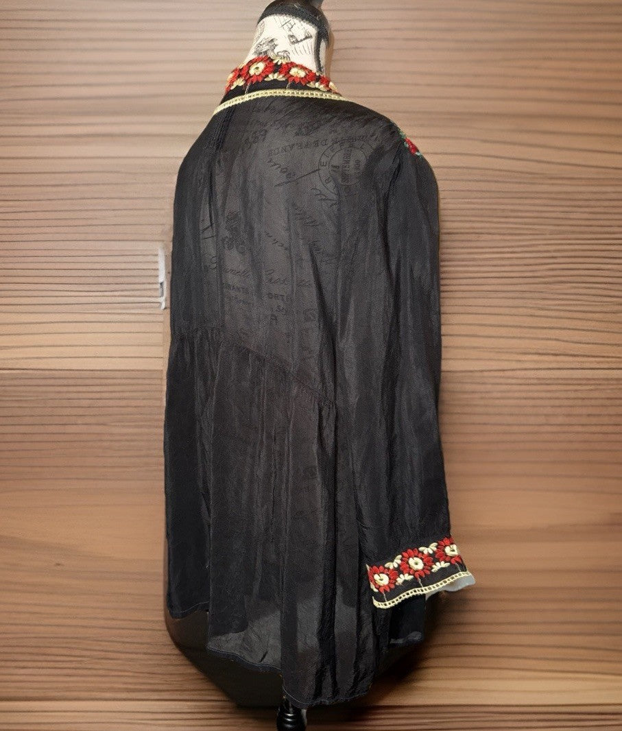 Johnny Was XXL Button Up Tunic Top Black Embroidered Floral Shirt Blouse Johnny Was