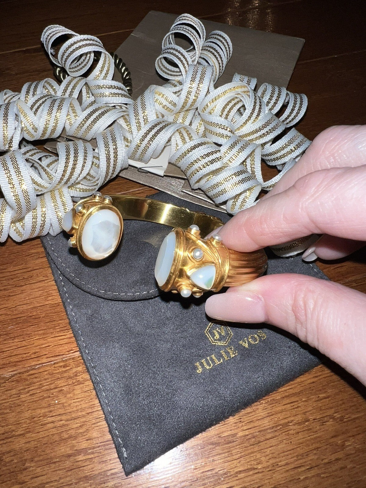 Julie Vos Hinged Bangle Cuff Bracelet 24k Gold Plate & Creamy White Julie Vos