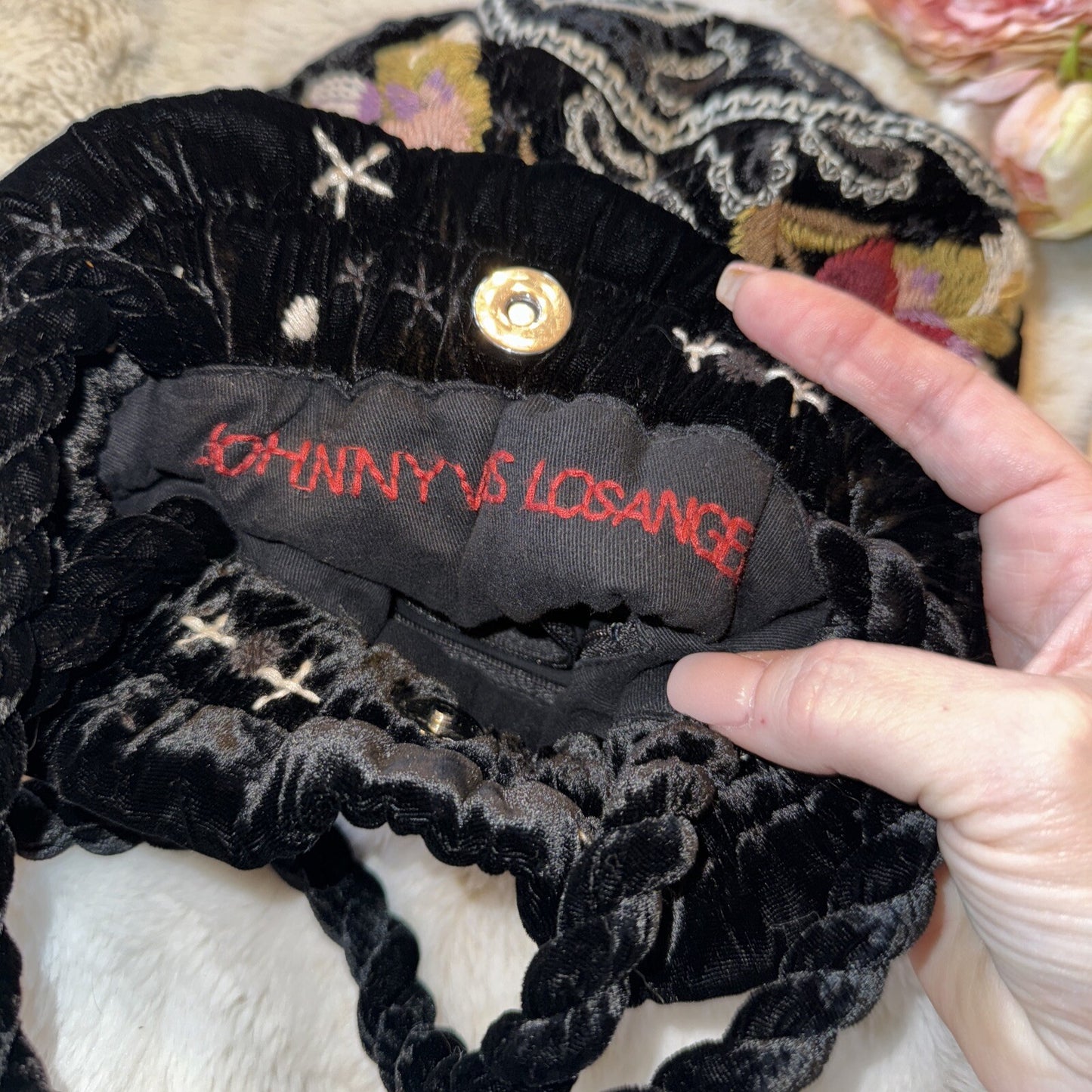 Johnny Was Black Velvet Embroidered Hobo Bag Tote Purse Pink Roses & Paisley Johnny Was