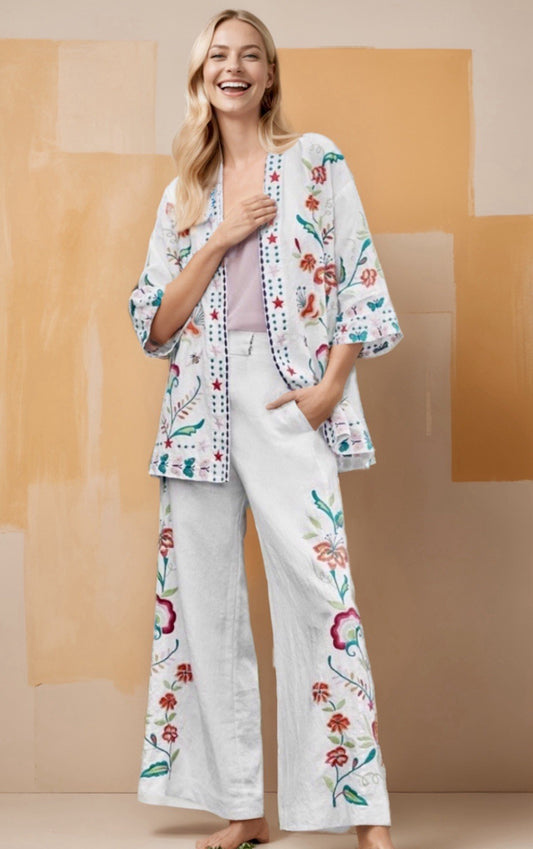 Johnny Was 2pc Set 2X White Linen Kimono & Wide Leg Pants Embroidered Summer Johnny Was