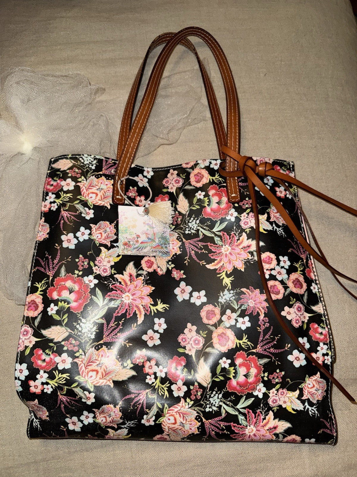 Johnny Was Black & Pink Coated Canvas Dreamer Bag Purse Tote Leather $428 Johnny Was