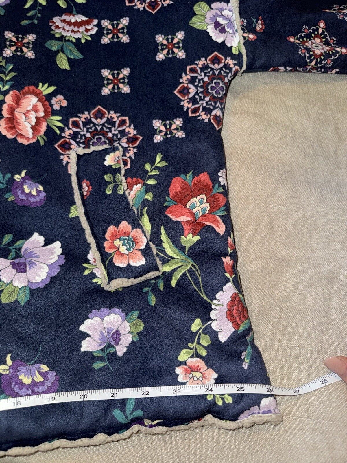 Johnny Was L Navy Blue Coat Jacket Faux Suede & Shearling Oversized Floral Johnny Was Pete & Greta