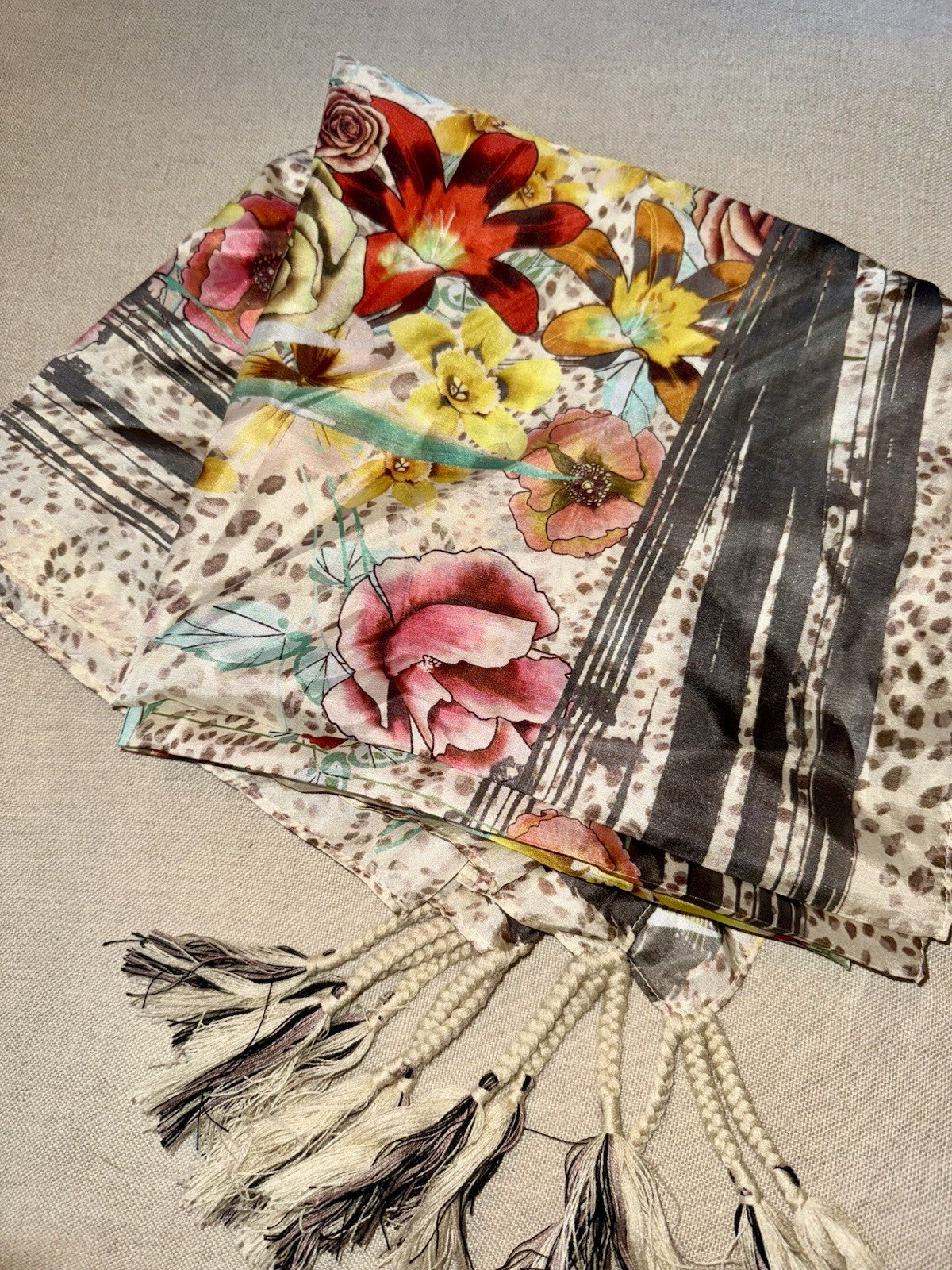 Johnny Was 100% Silk Scarf w/ Tassels Animal Print & Roses Leopard Jungle Rose Johnny Was