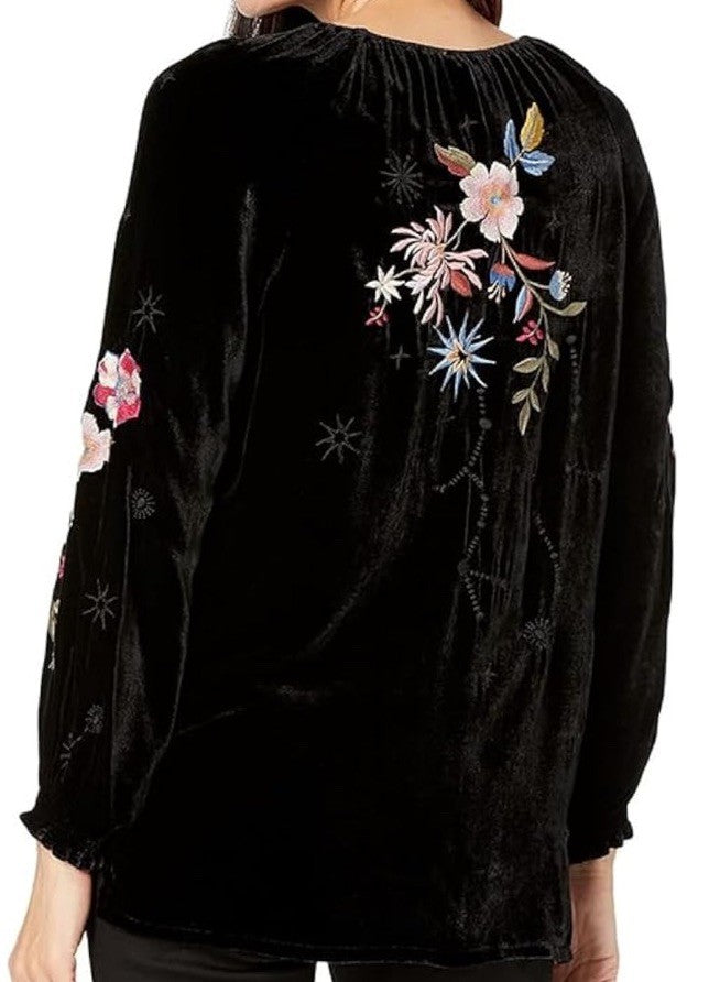 Johnny Was L Black Velvet Peasant Top Tunic Blouse Shirt Embroidered Roses Stars Johnny Was