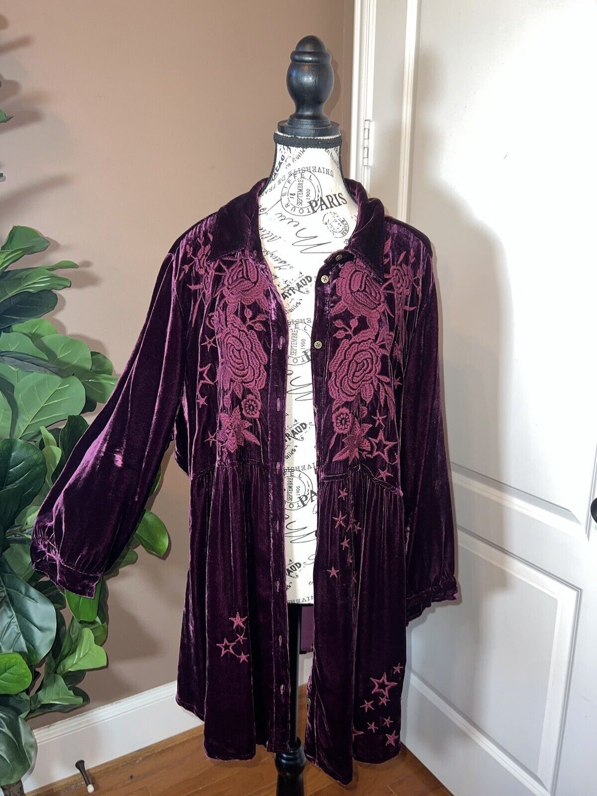 Johnny Was Burgandy Wine Velvet & Embroidered Tunic Top Kimono 1X 1XL XL