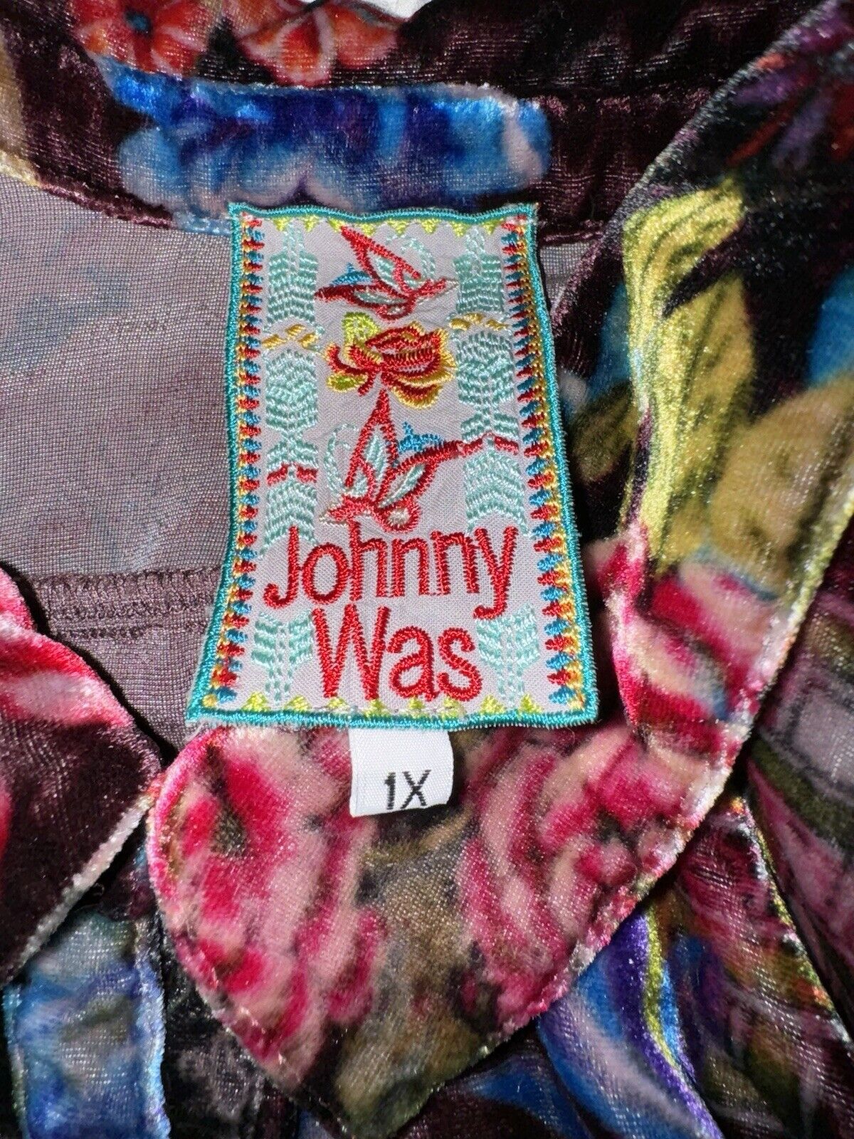 Johnny Was 1X XL Velvet Jewel Tone Kimono Long Sleeve Button Up Shirt Top Blouse