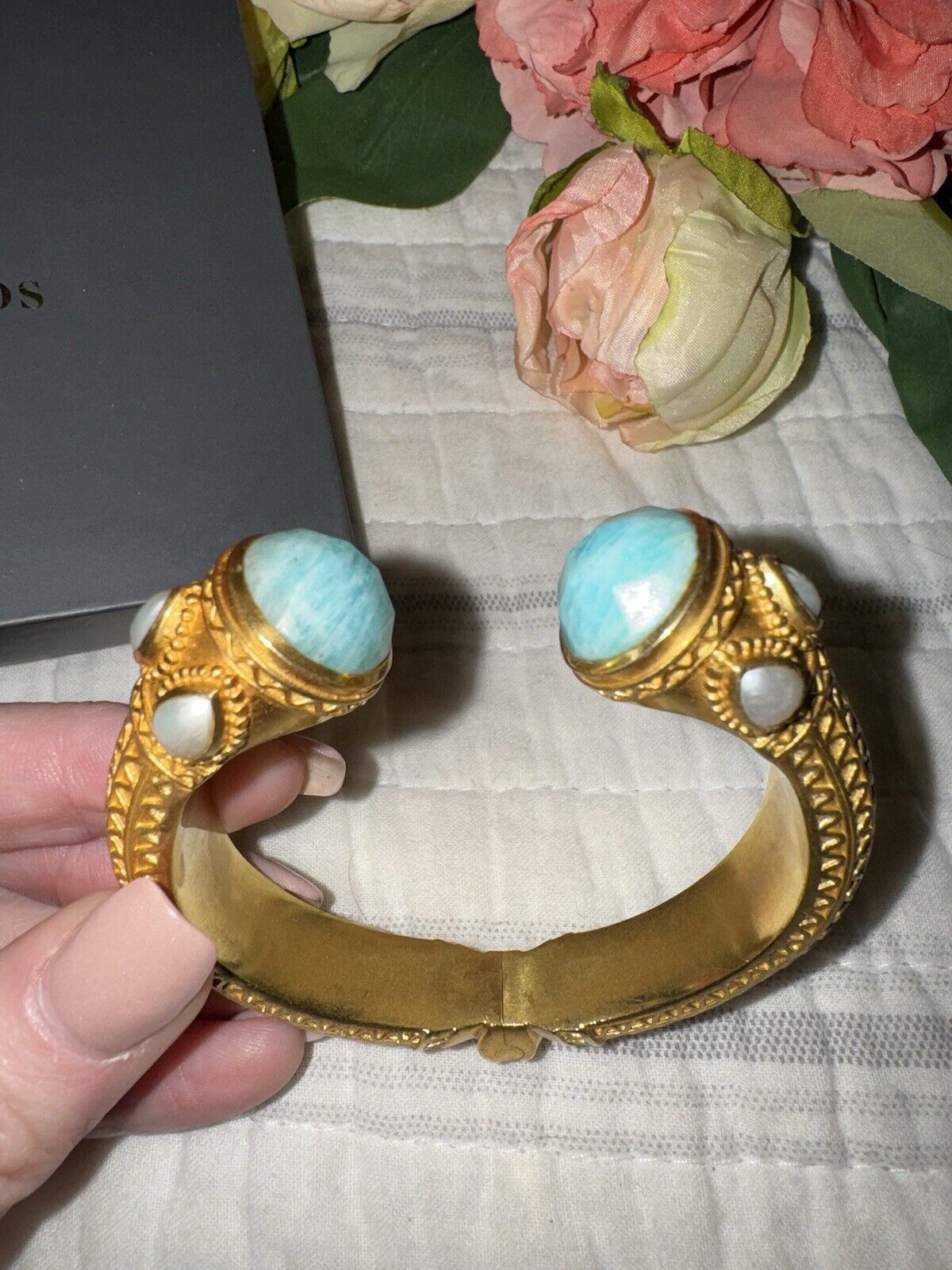 RETIRED Julie Vos Turquoise & Pearl Hinged Bangle Cuff Bracelet 24k Gold Plated