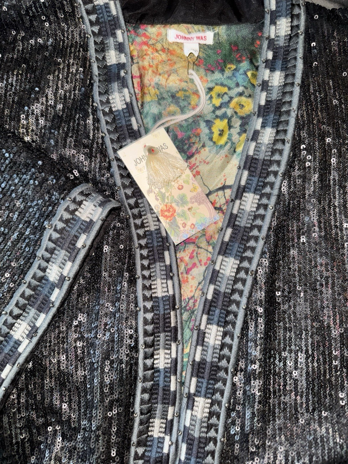 Johnny Was L 100% Silk & Sequins Black KIMONO Long Duster Coat REVERSIBLE Johnny Was