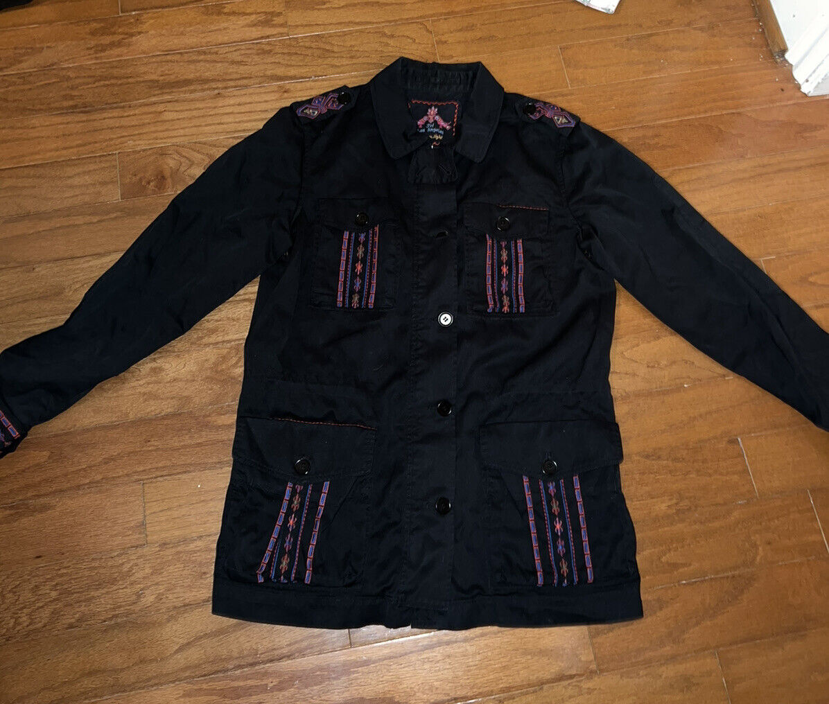 Johnny Was Black Embroidered Military Field Jacket Coat Anorak Sz M Medium