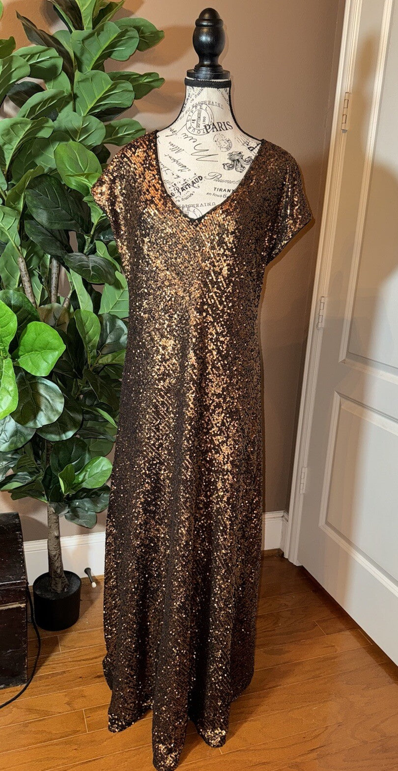 Johnny Was Gold XL Sequin Maxi Dress Long Flowy Mesh Slip Sequins Party Johnny Was