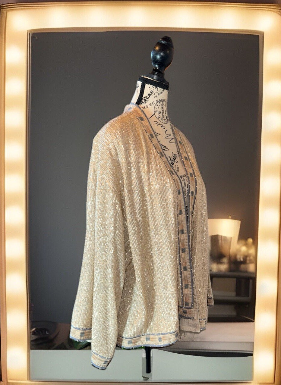 Johnny Was L Large Silk & Sequins Ivory KIMONO Jacket Wrap Pearl Accents Johnny Was