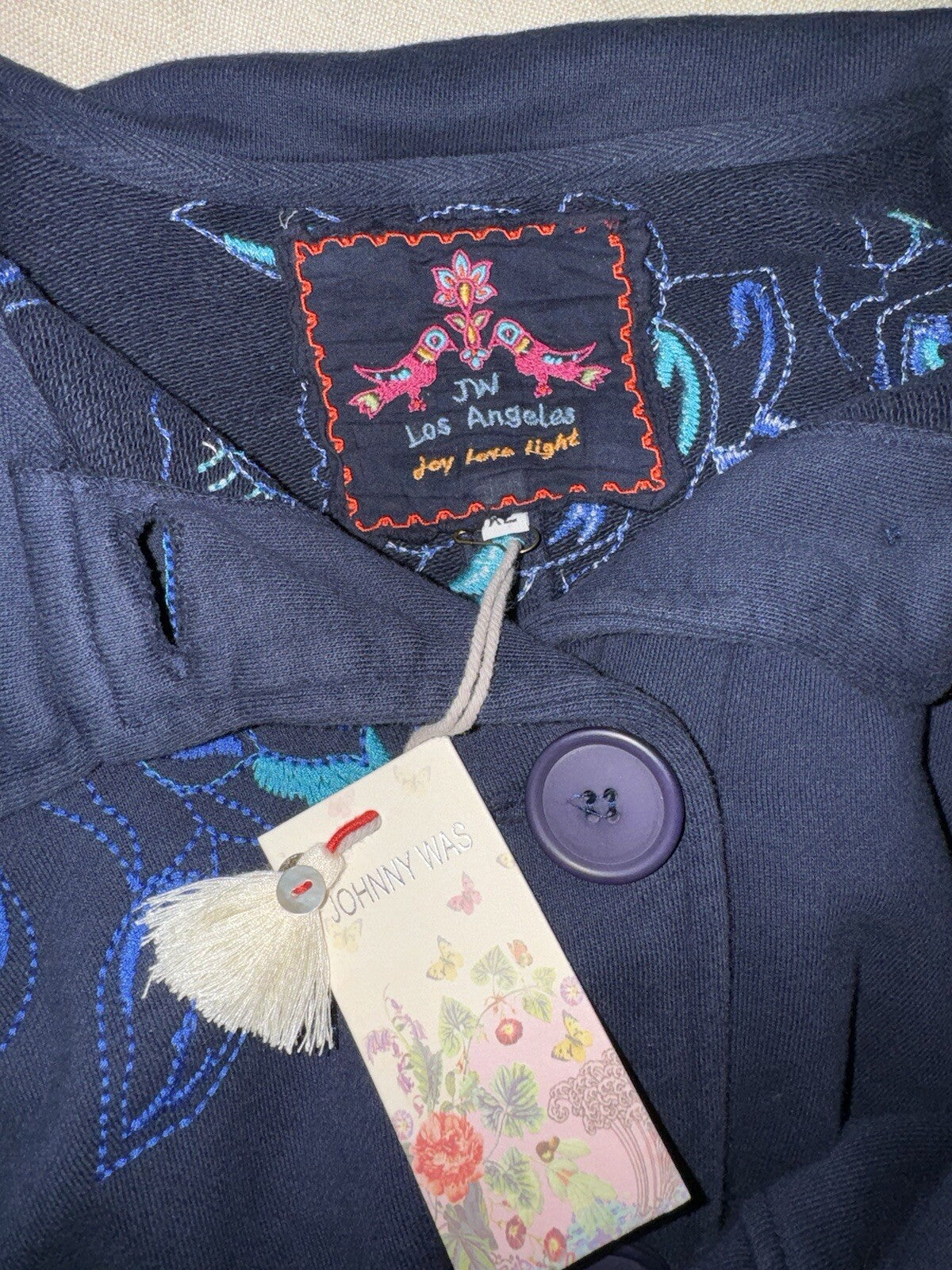 Johnny Was XL Blue Military Trench Coat Jacket Navy W/ Embroidery  Soft Johnny Was