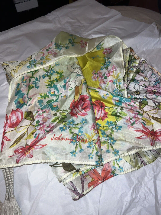 Johnny Was Floral 100% Silk Scarf Tassels Beautiful Condition 43” X 43”