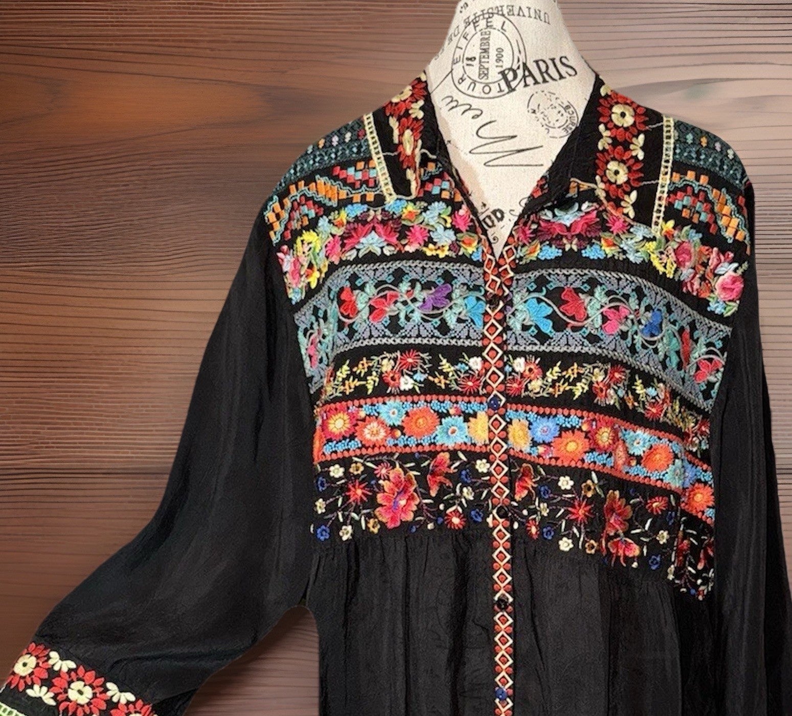 Johnny Was XXL Button Up Tunic Top Black Embroidered Floral Shirt Blouse Johnny Was