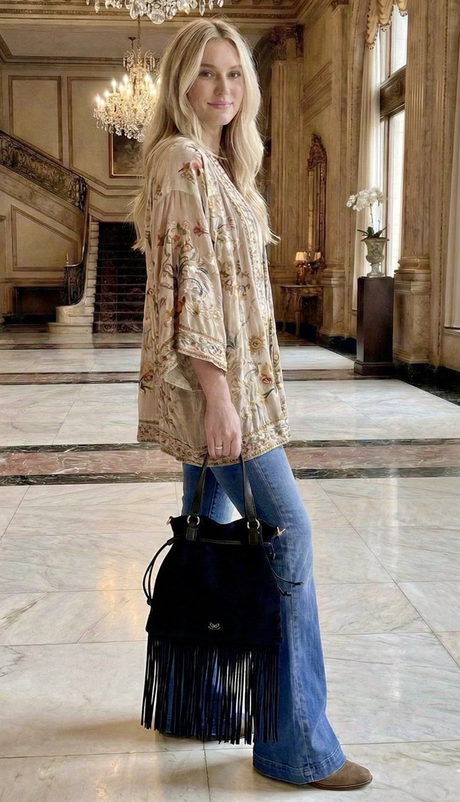 Johnny Was Black Suede Leather Crossbody Bag Purse Tote Hobo Tassels Johnny Was