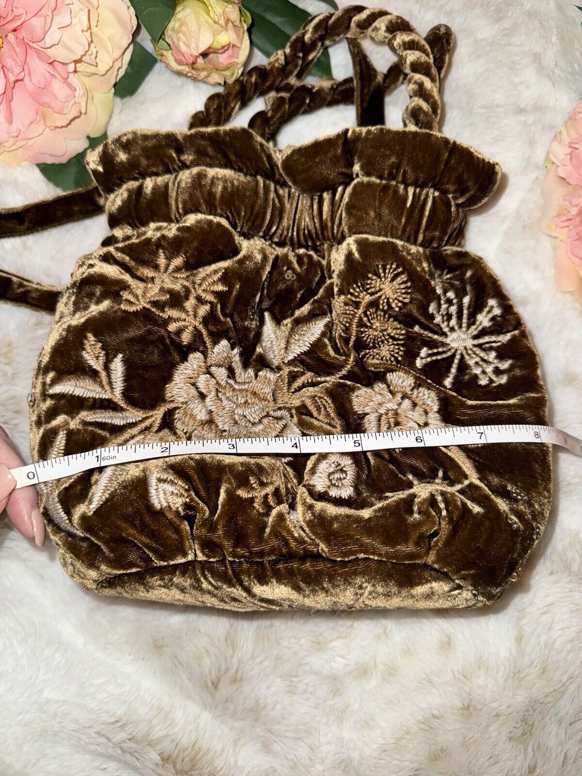 Johnny Was Gold Brown Velvet Embroidered Hobo Bucket Bag Tote Purse Crossbody