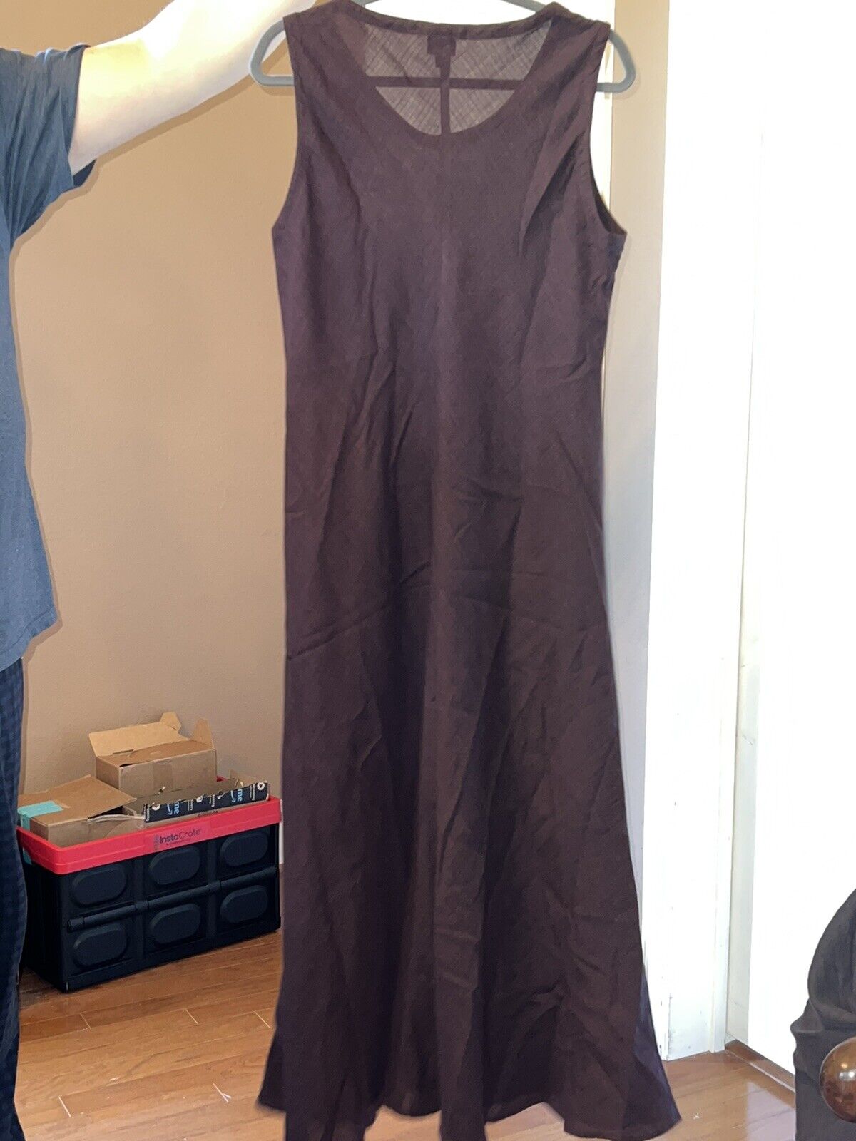 Eileen Fisher Linen Chocolate Brown Maxi Dress Sz LP Large Petite