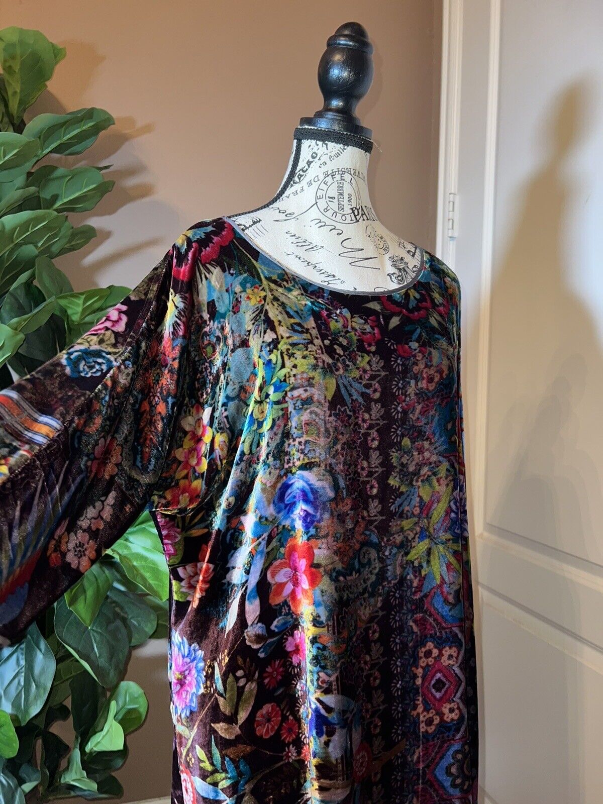 Johnny Was Floral Velvet Tunic Top Mini Dress Long Sleeve Sz XL Jewel Tones