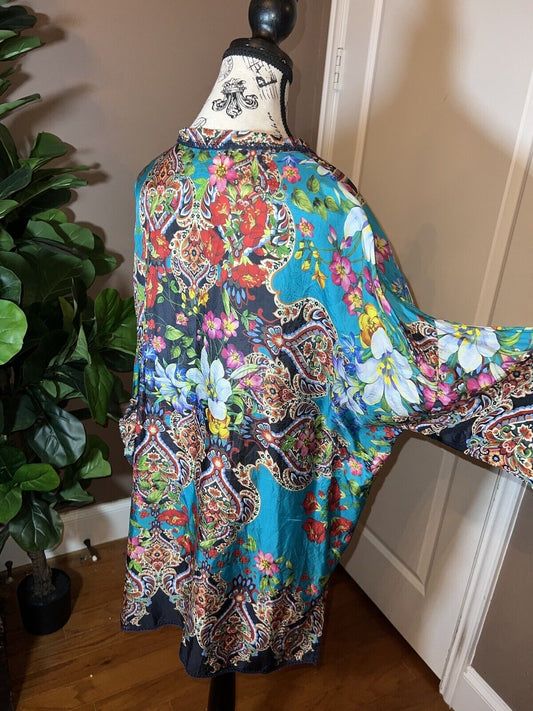 100% Silk Johnny Was Tunic Top XL 1X 1XL Kimono Feel Colorful Spring